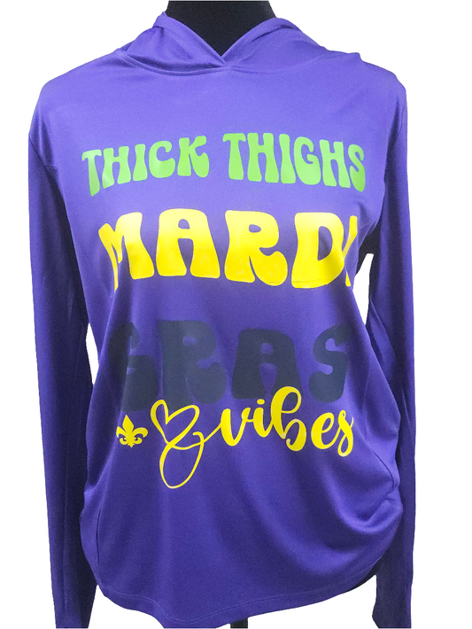 "Thick Thighs" Mardi Gras Lightweight Hooded Pullover